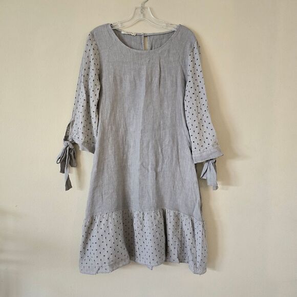 Francesca Bettini Women's Linen Mini Dress Eyelet Lace Size M Gray 3/4 Sleeve - Picture 2 of 8